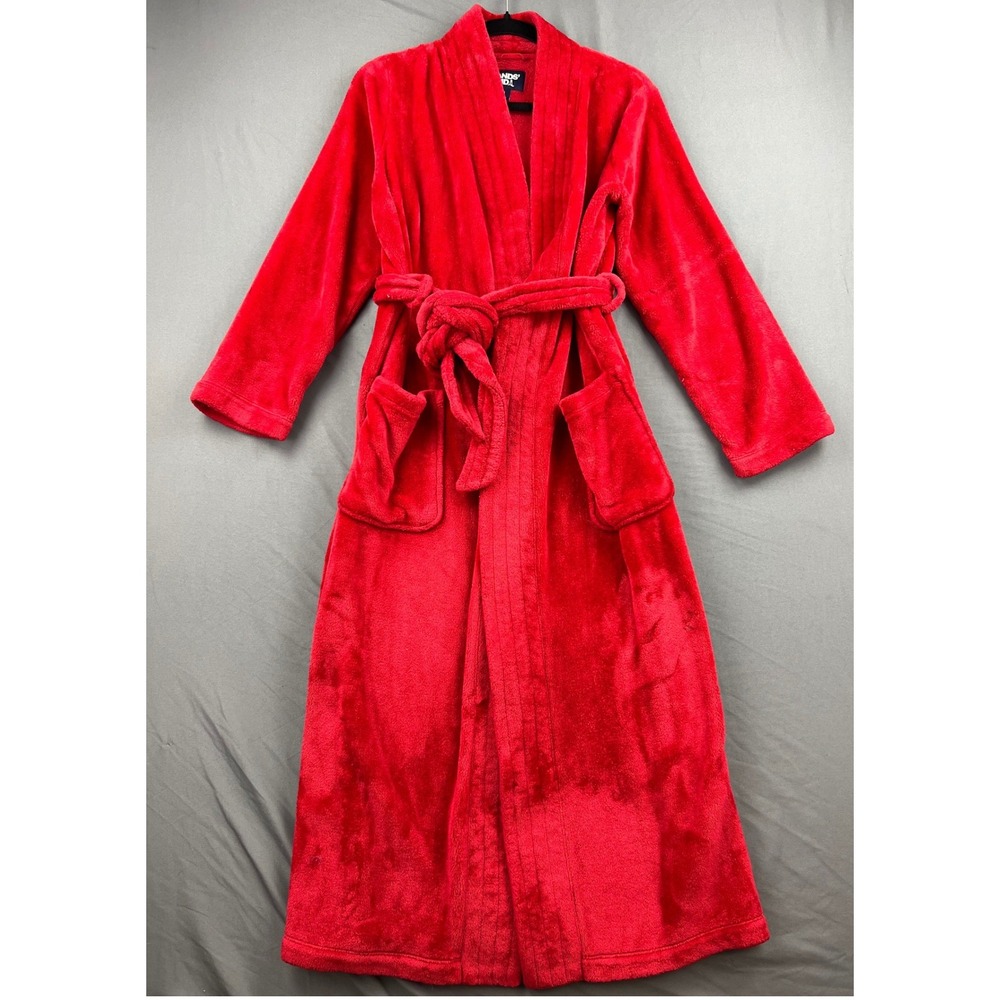 Lands' End Robe Womens S 6-8 Long Plush Fleece Red Belted Pockets Good